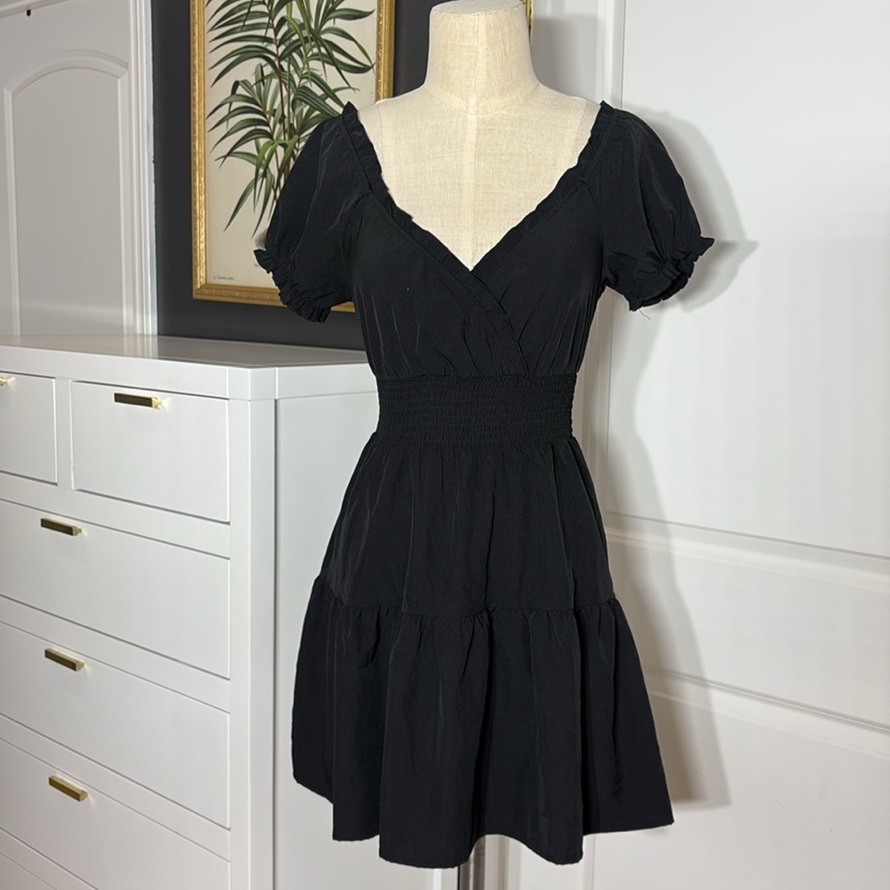 Classic Black V-Neck Smocked Waist Mini Dress